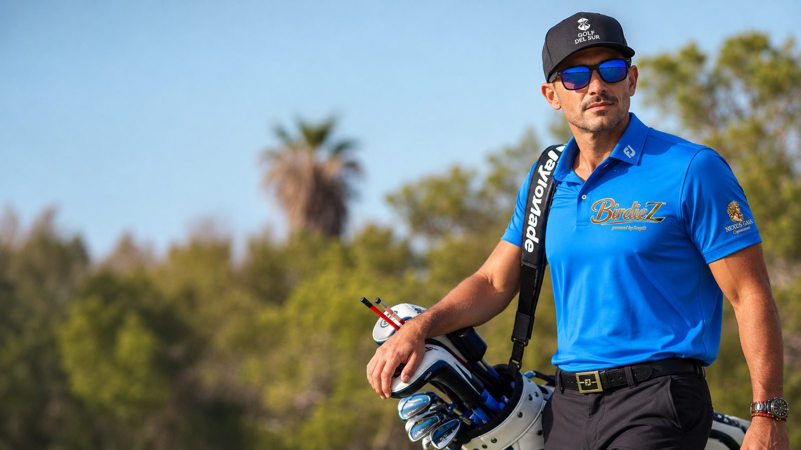 James Ferraby con polo BirdieZ y bolsa de golf en Golf del Sur