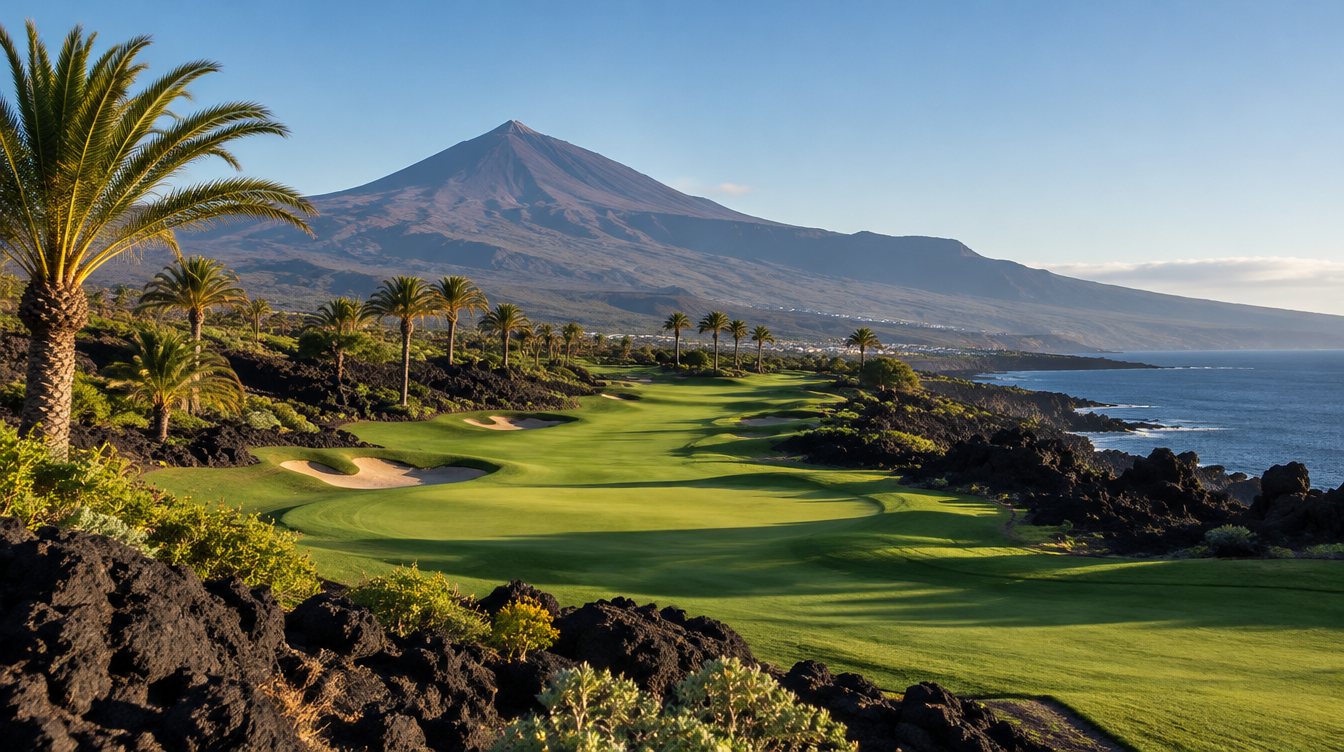 Calle de un campo de golf en Tenerife entre roca volcánica y palmeras, con el Teide al fondo