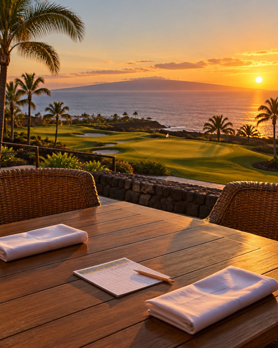 Terraza de un club de golf en Tenerife al atardecer frente al océano