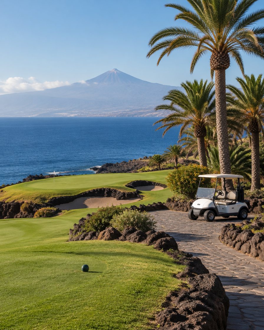 Hoyo 9 de un campo de golf en Tenerife con palmeras, océano y el Teide al fondo
