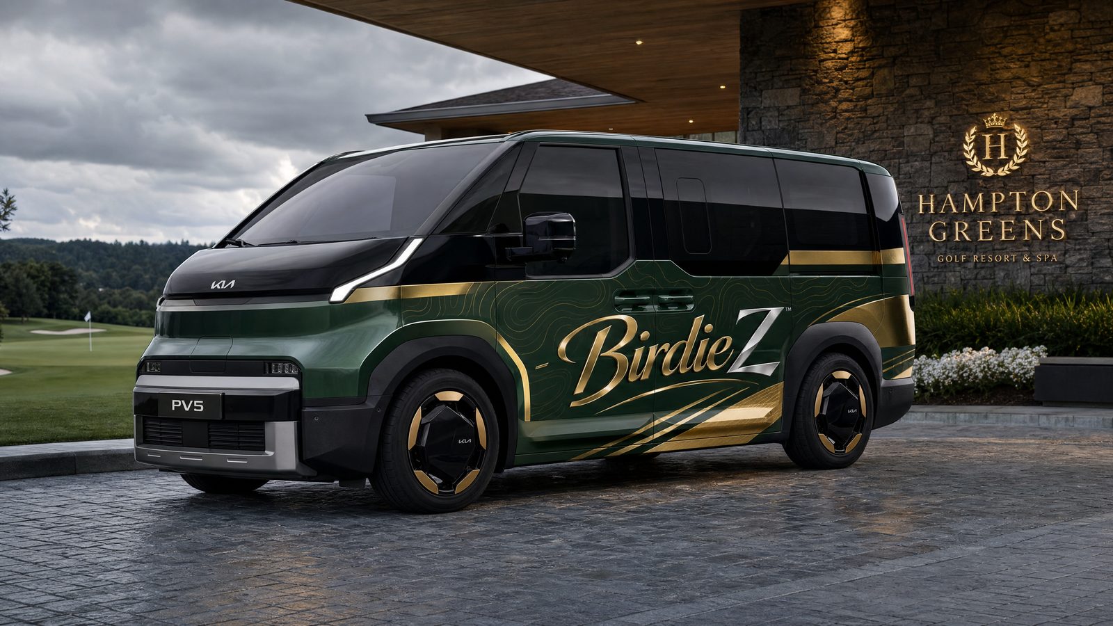 Furgoneta oficial BirdieZ rotulada en verde y oro